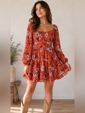 Summer Emerald Sundae Rust Floral Long-Sleeve Tiered Dress